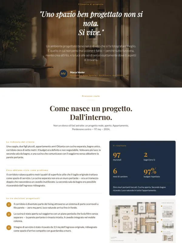 Noleggio sito per studio di interior design con portfolio integrato e sezioni tecniche di approfondimento
