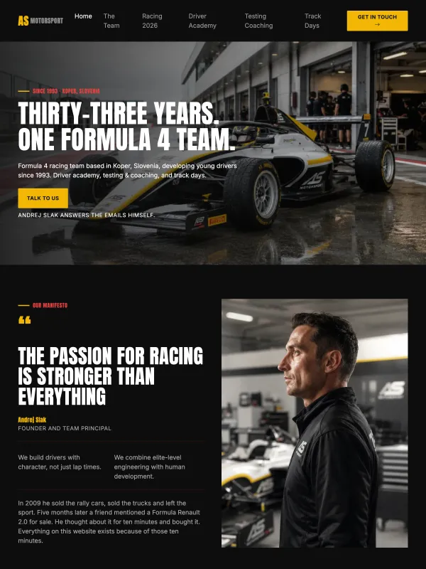 Sito web in inglese per un team di Formula 4: piloti, partner e stagione agonistica
