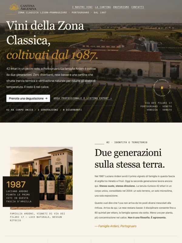 Sito pronto multilingue per cantina con i tre percorsi: produzione, enoturismo, area B2B