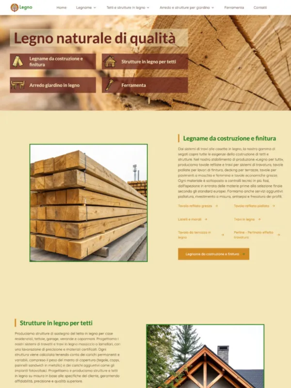 Noleggio sito per fornitore di legname: 25+ pagine gi&agrave; ottimizzate SEO, tre categorie principali con schede prodotto