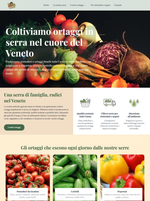 Produttore di ortaggi – Provincia di Venezia Sito vetrina, 6 pagine prodotto + home con 10 sezioni: chi siamo, stagionalità e disponibilità, come ordiniamo, contatti. Focus sulla visibilità locale.