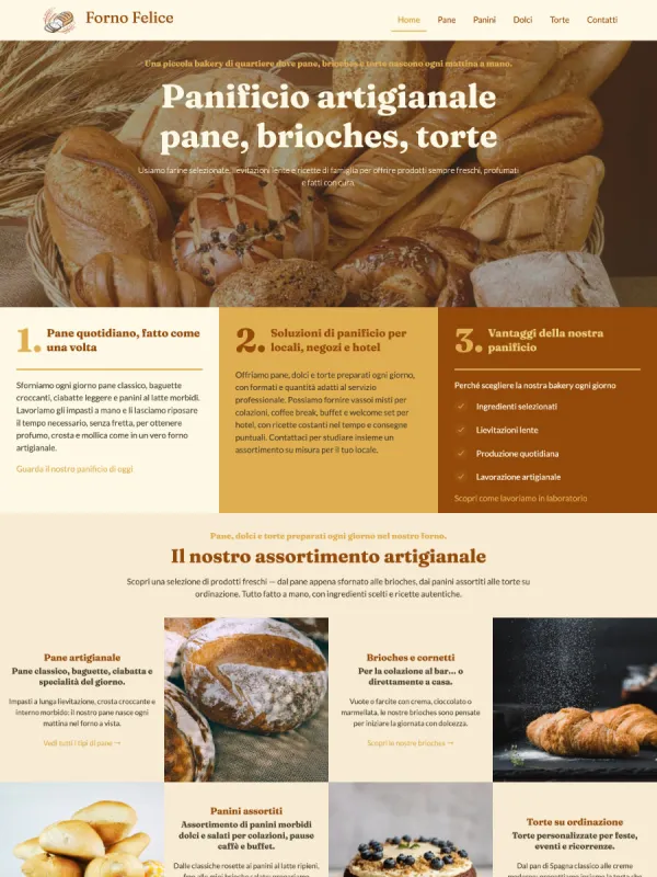 Panificio artigianale – Provincia di Treviso Sito vetrina, 6 pagine: catalogo prodotti, sistema di preordini online, informazioni su orari e sede. Struttura compatta orientata alla clientela locale e alla gestione degli ordini giornalieri.