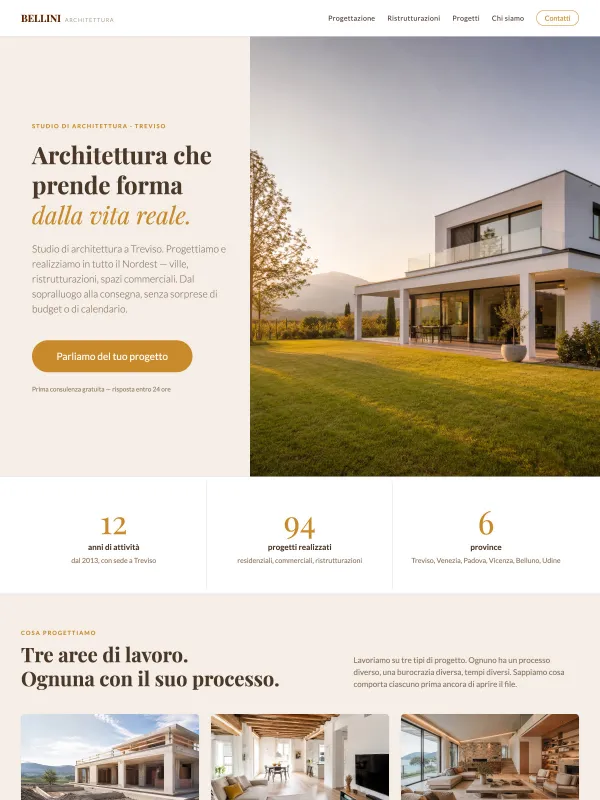 Sito aziendale con sezione portfolio estesa per studio di architettura. Come abbiamo progettato struttura, testi e percorso di contatto per uno studio di architettura nel Veneto (Padova, Venezia, Treviso, Belluno). Sei sezioni principali, portfolio.